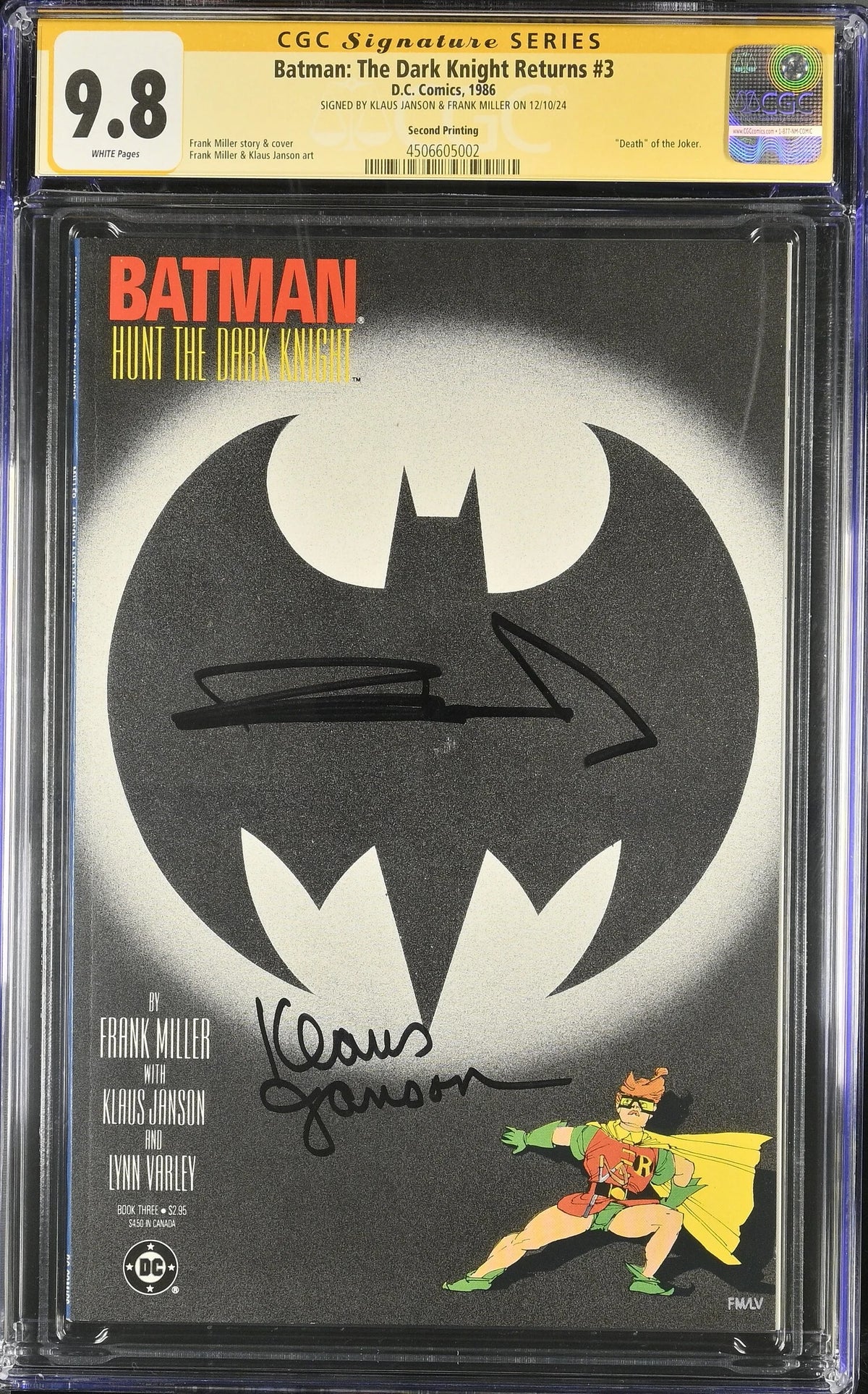 BATMAN : THE DARK KNIGHT RETURNS #3 (1986) 2ND PRINTING (CGC 9.8) SIGNED BY FRANK MILLER,KLAUS JANSON