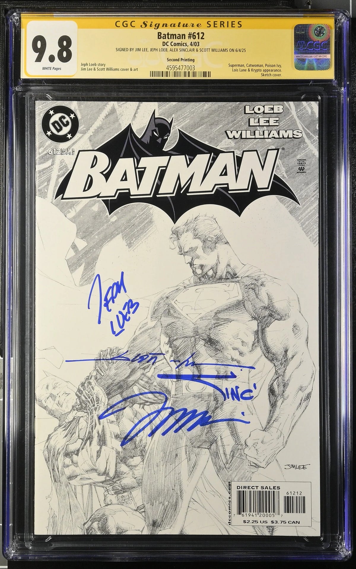 BATMAN #612 (2003) CGC 9.8 SKETCH COVER SIGNED JIM LEE,LOEB,WILLIAMS,SINCLAIR