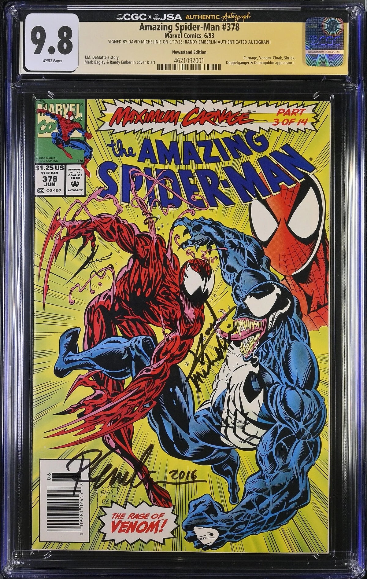 AMAZING SPIDER-MAN #378 (1993) NEWSSTAND CGC 9.8 SIGNED MICHELINIE & EMBERLIN