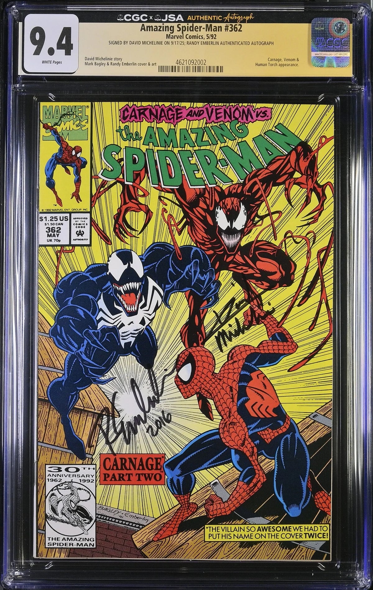 AMAZING SPIDER-MAN #362 (1992) CGC 9.4 SIGNED MICHELINIE & EMBERLIN
