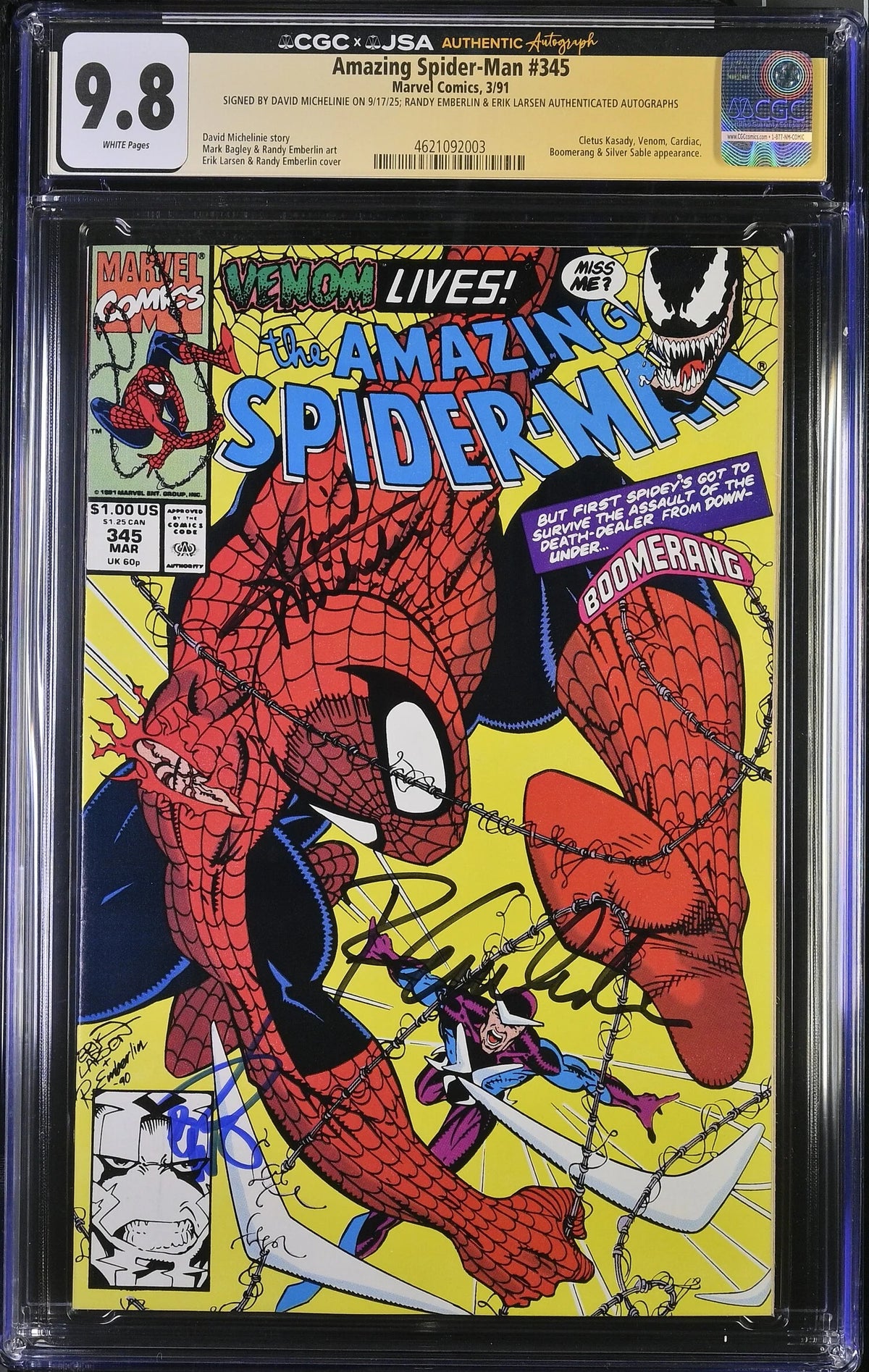 AMAZING SPIDER-MAN #345 (1991) CGC 9.8 TRIPLE SIGNED LARSEN, MICHELINIE, EMBERLIN