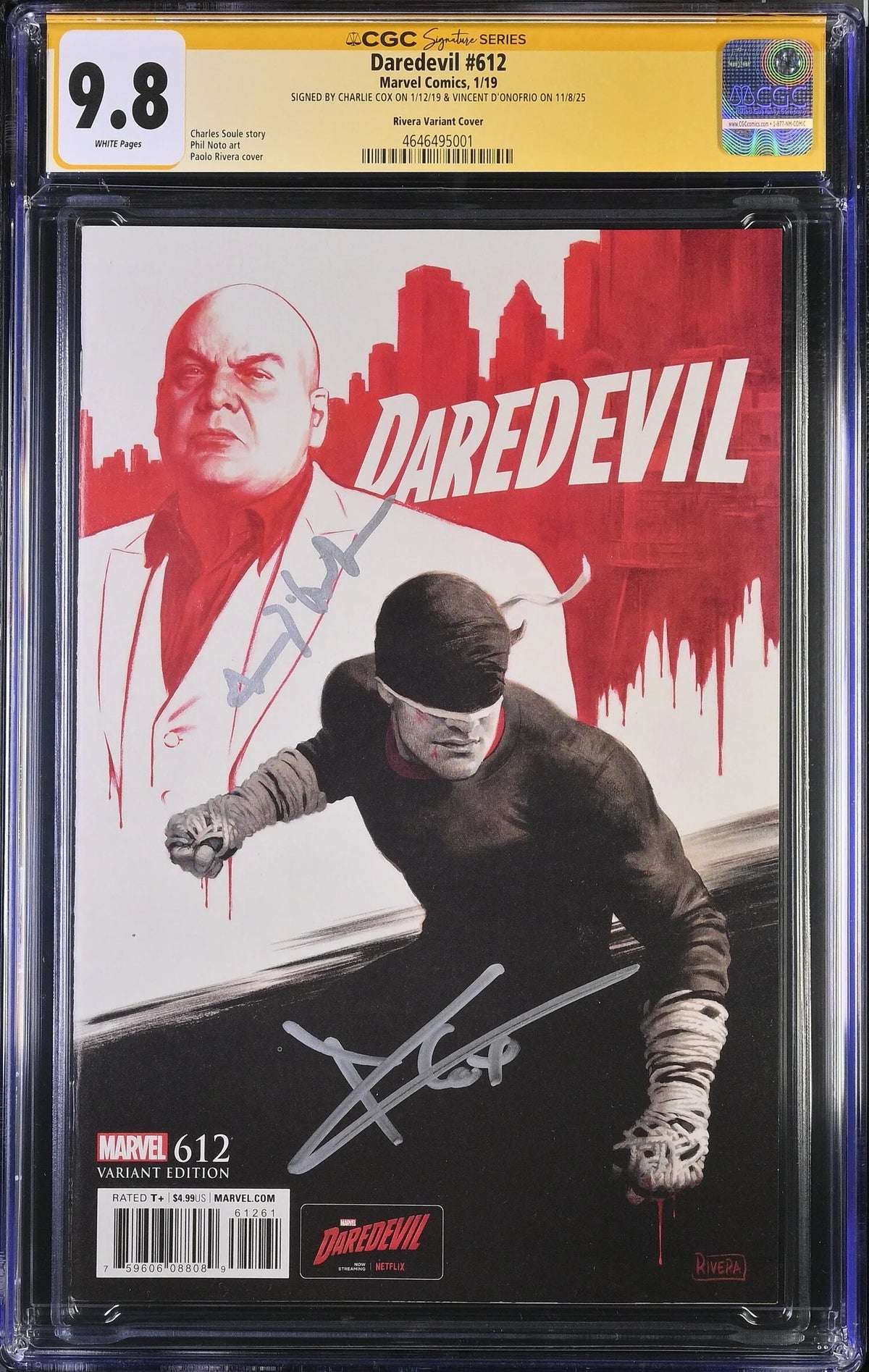 DAREDEVIL #612 (2019) RIVERA VARIANT CGC 9.8 SIGNED CHARLIE COX, VINCENT D'ONFORIO