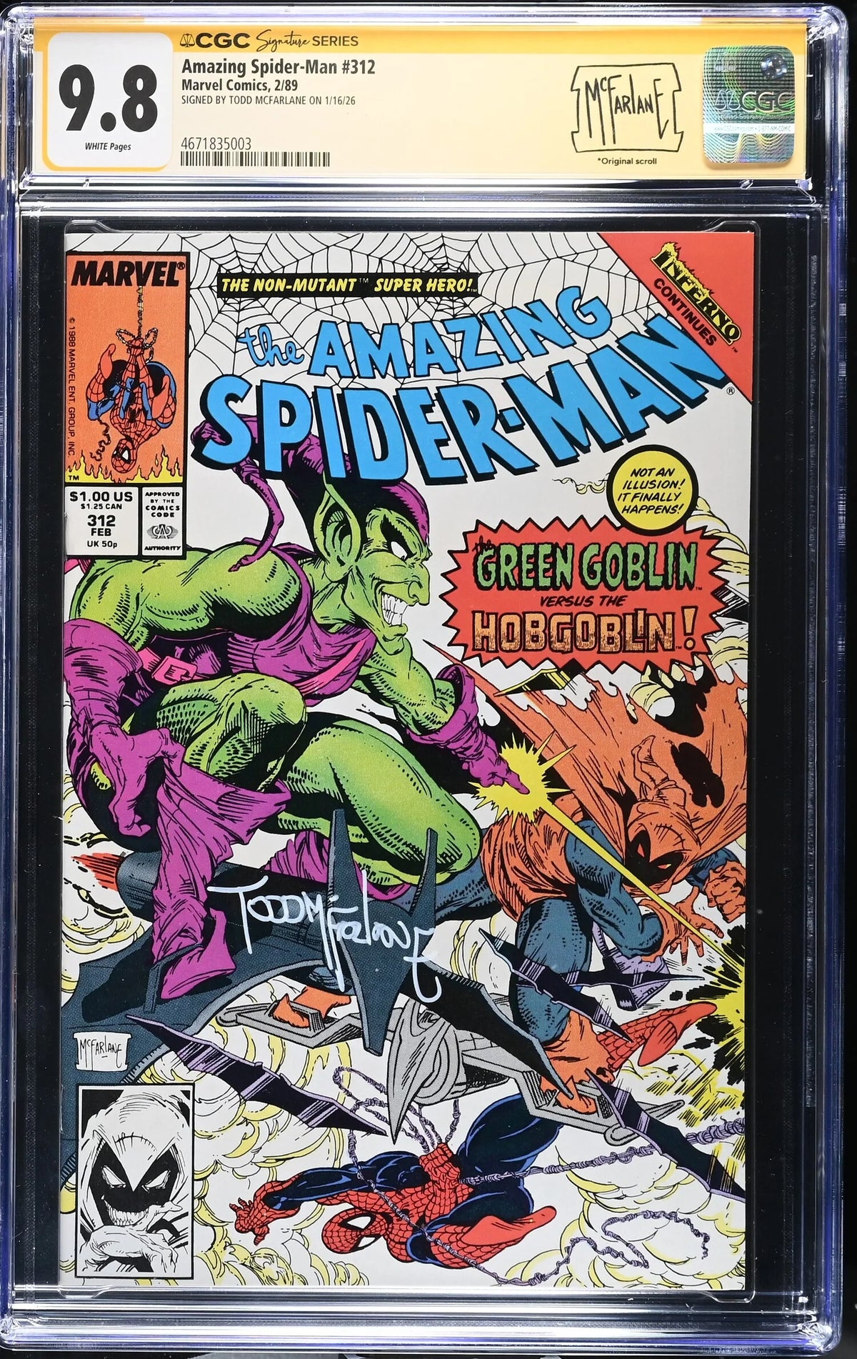 AMAZING SPIDER-MAN #312 (1989) CGC 9.8 SIGNED TODD MCFARLANE